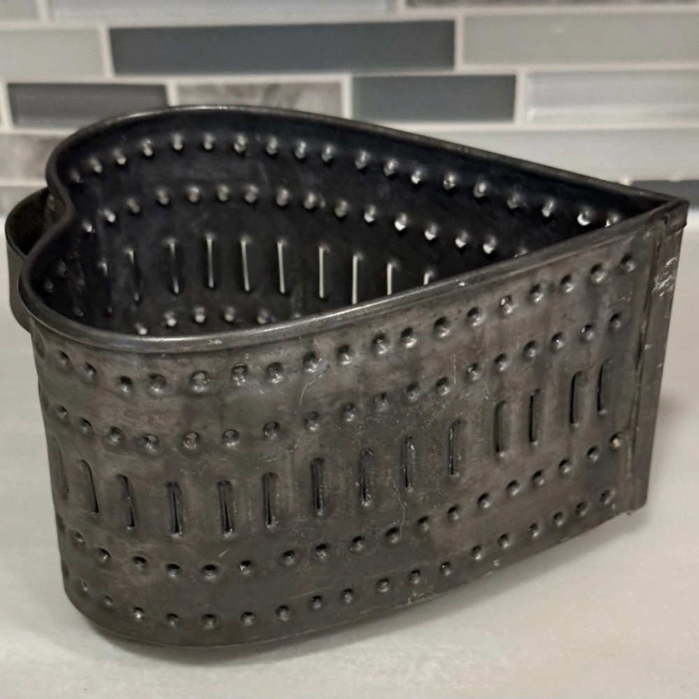 Vintage Primitive Folk Art Punched Tin Footed Heart Shaped Cheese Strainer Mold